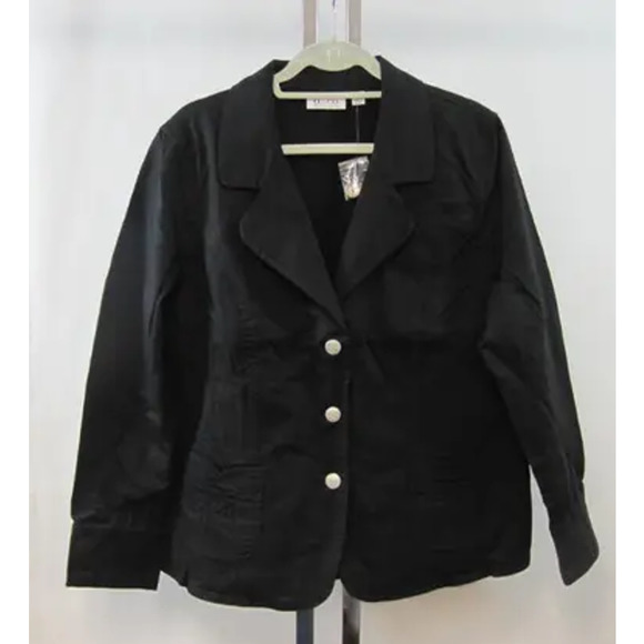 NWT-Denim & Co Sz L Black Stretch Denim Blazer with Silver Flowered Buttons - Picture 4 of 13